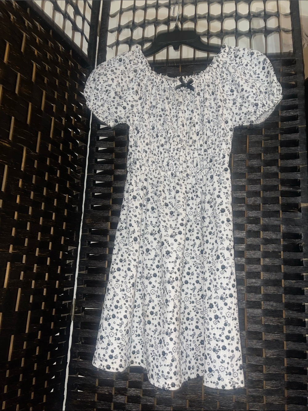 Forever Girl -Little Girls Dress White with Black Floral Print and Puff Sleeves